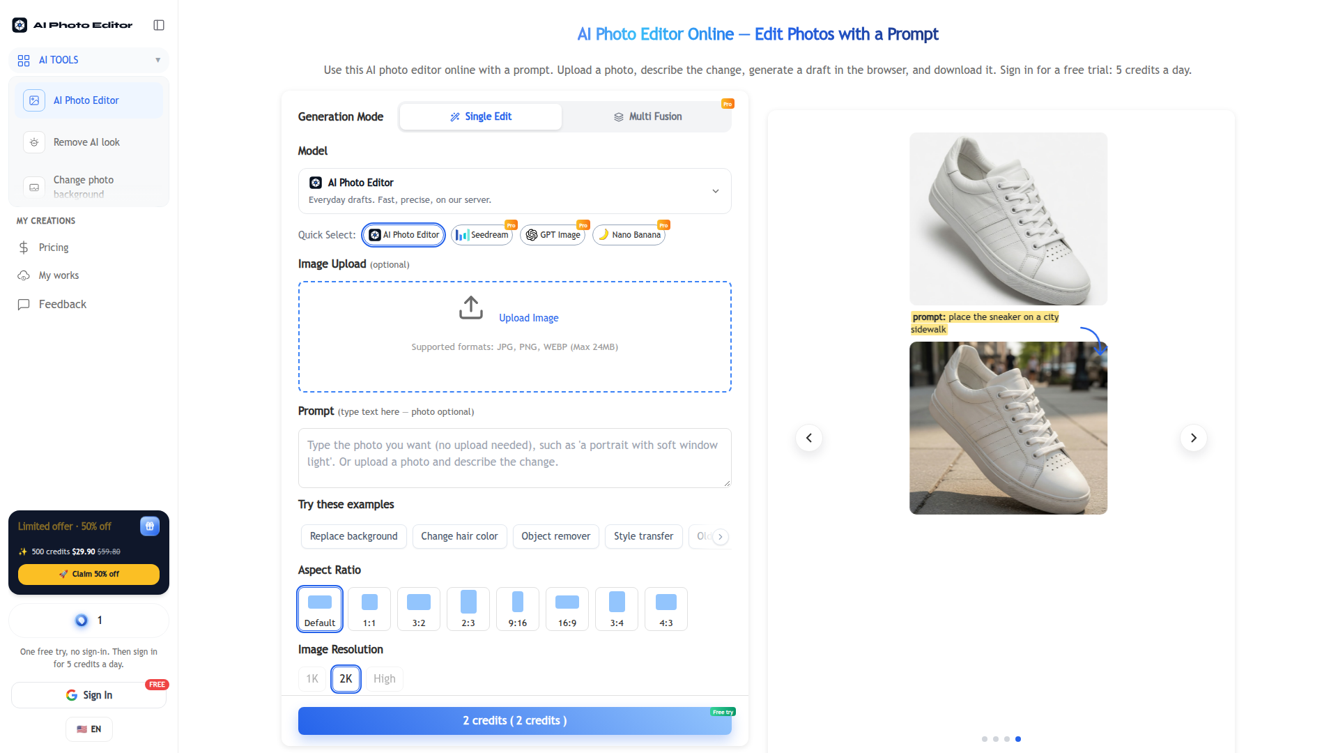 Editor de fotos con IA online — Edita fotos con un prompt