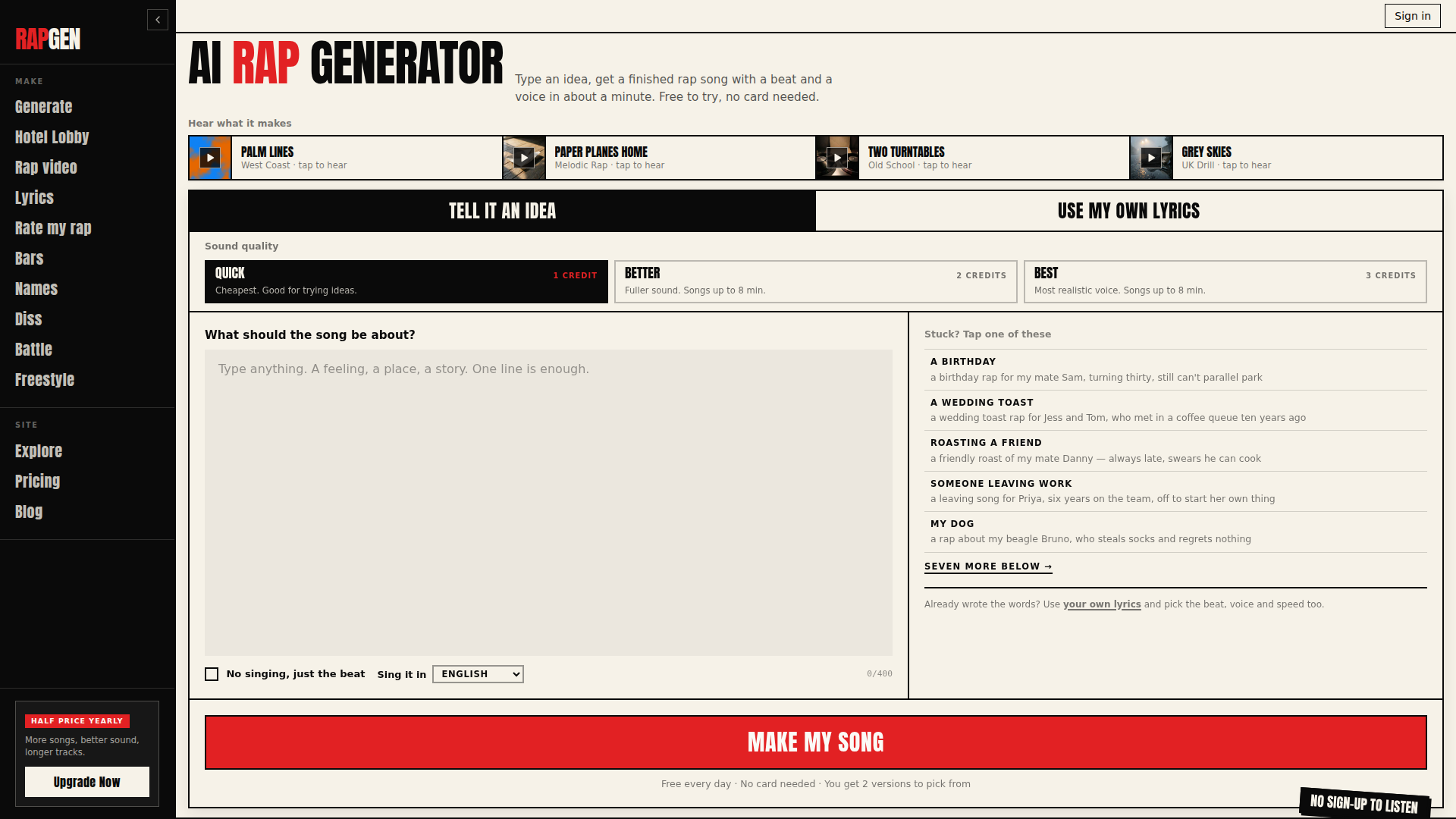 Generador de rap con IA — Creador gratuito de canciones y letras de rap