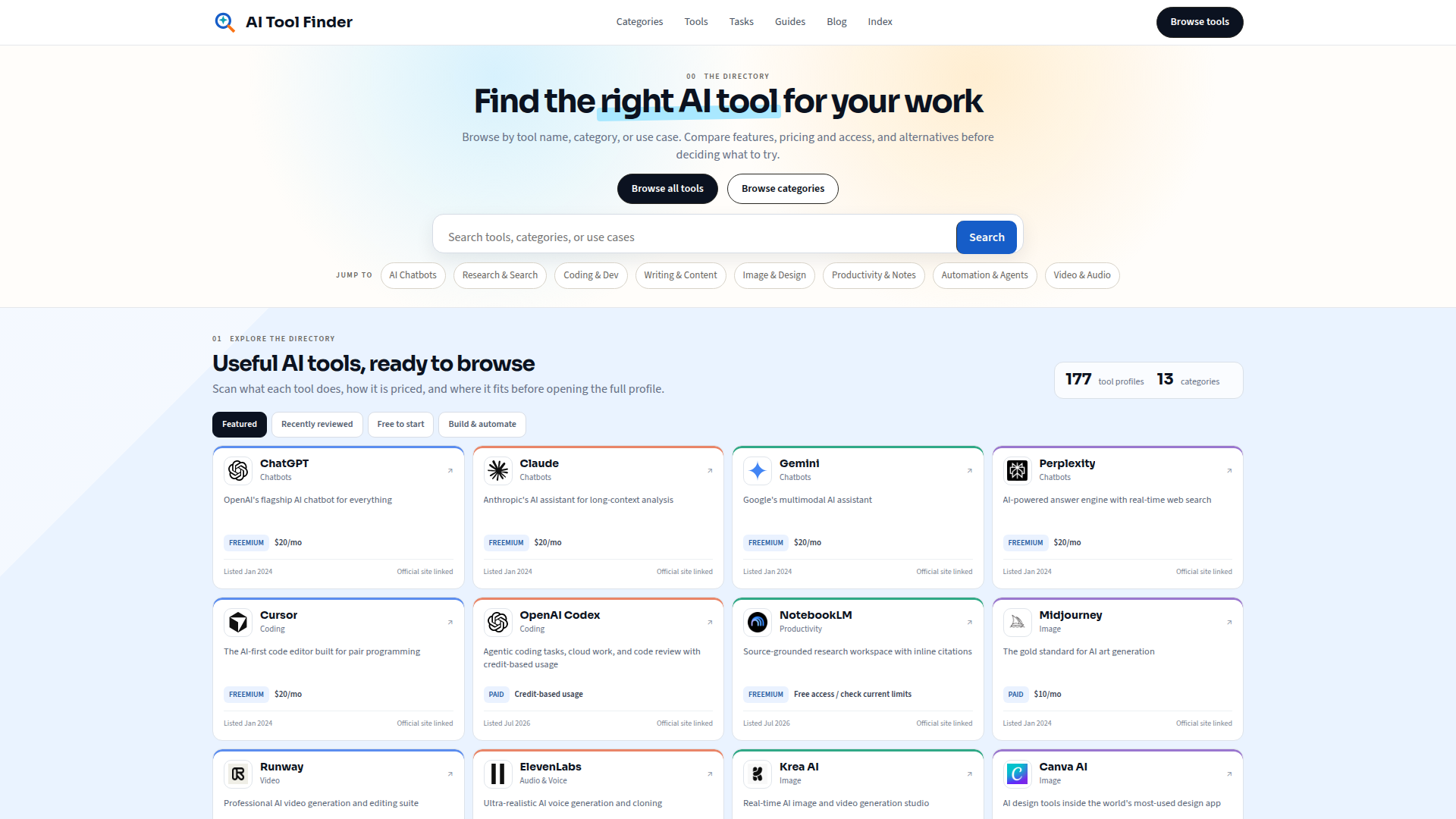 Buscador de herramientas de IA: Compara herramientas de IA por tarea, funciones y precios