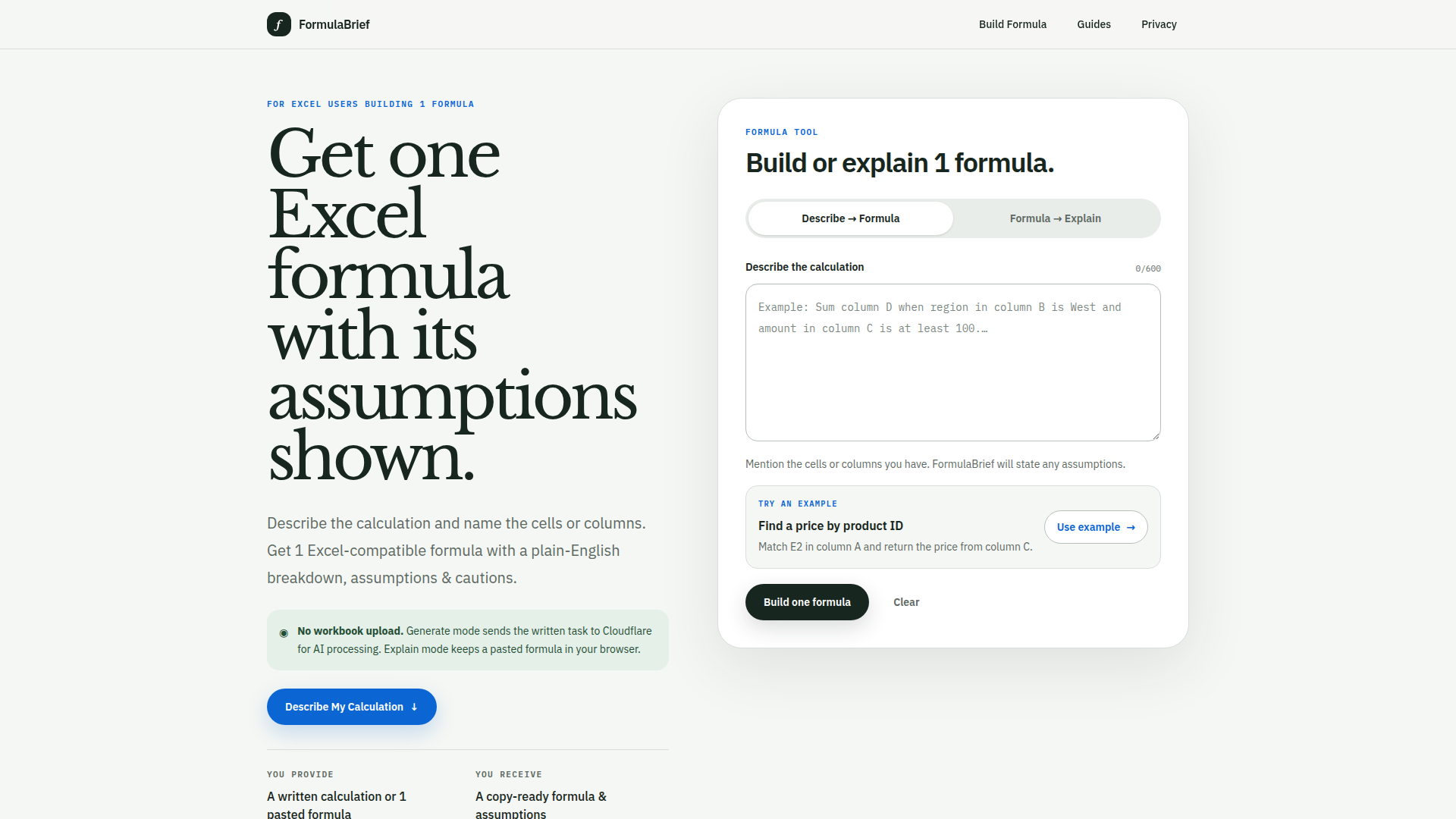 Generador y explicador de fórmulas de Excel | FormulaBrief