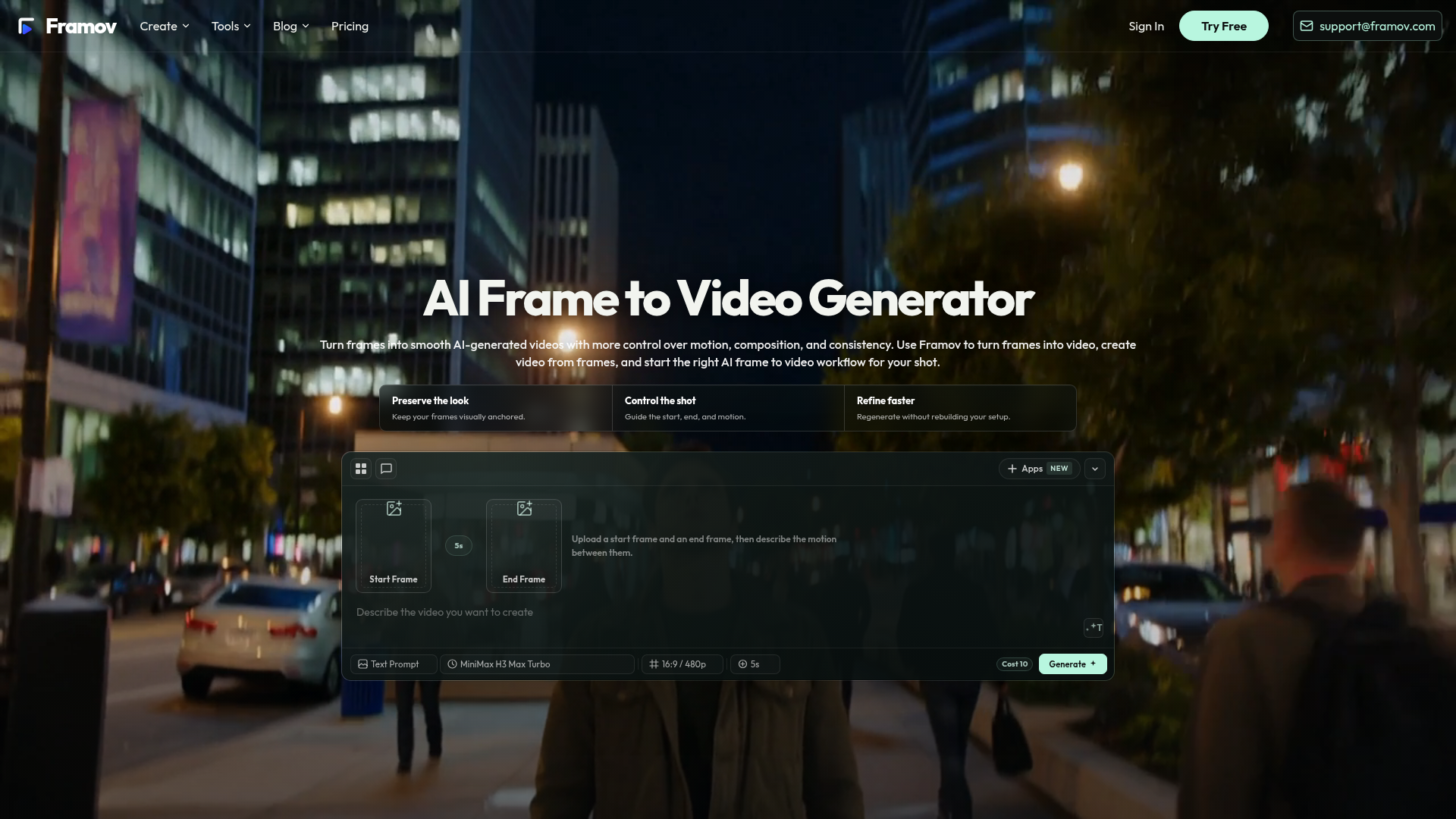 Generador de fotogramas a video con IA – Convierte fotogramas en videos | Framov