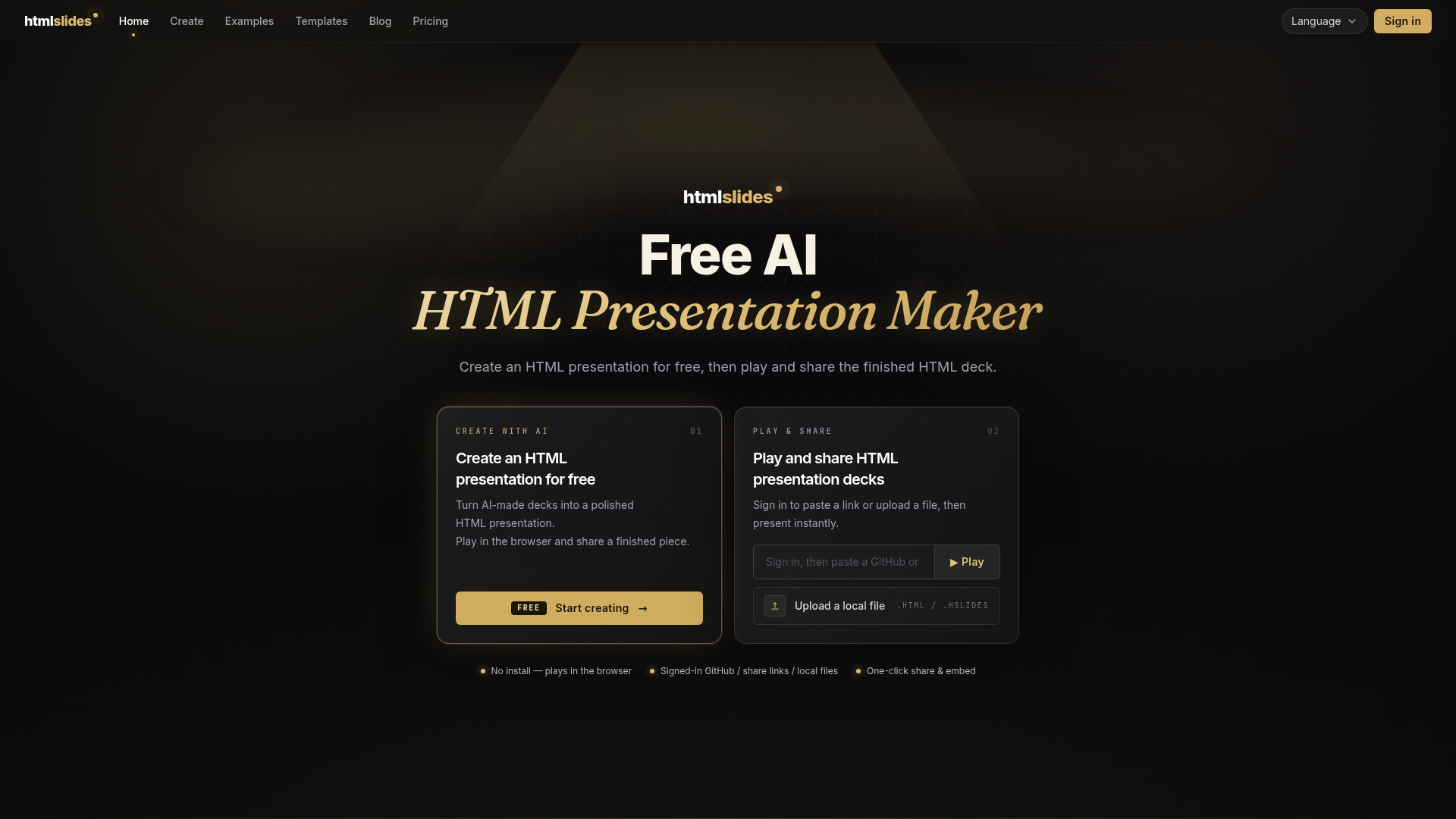 Crea, reproduce y comparte presentaciones HTML con IA gratis | htmlslides
