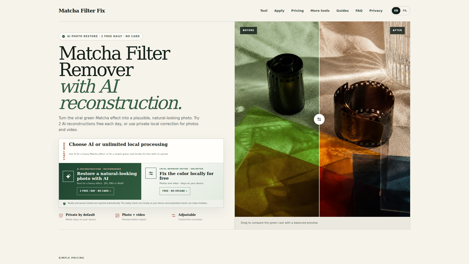 Matcha Filter Remover AI — 2 Free Photo Restores Daily