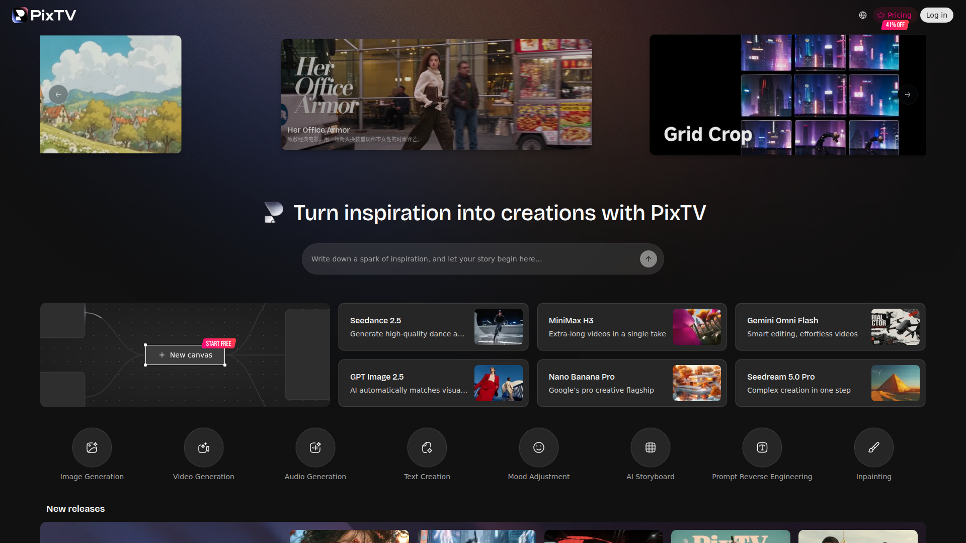 PixTV | Plataforma todo en uno de generación de video con IA y lienzo infinito