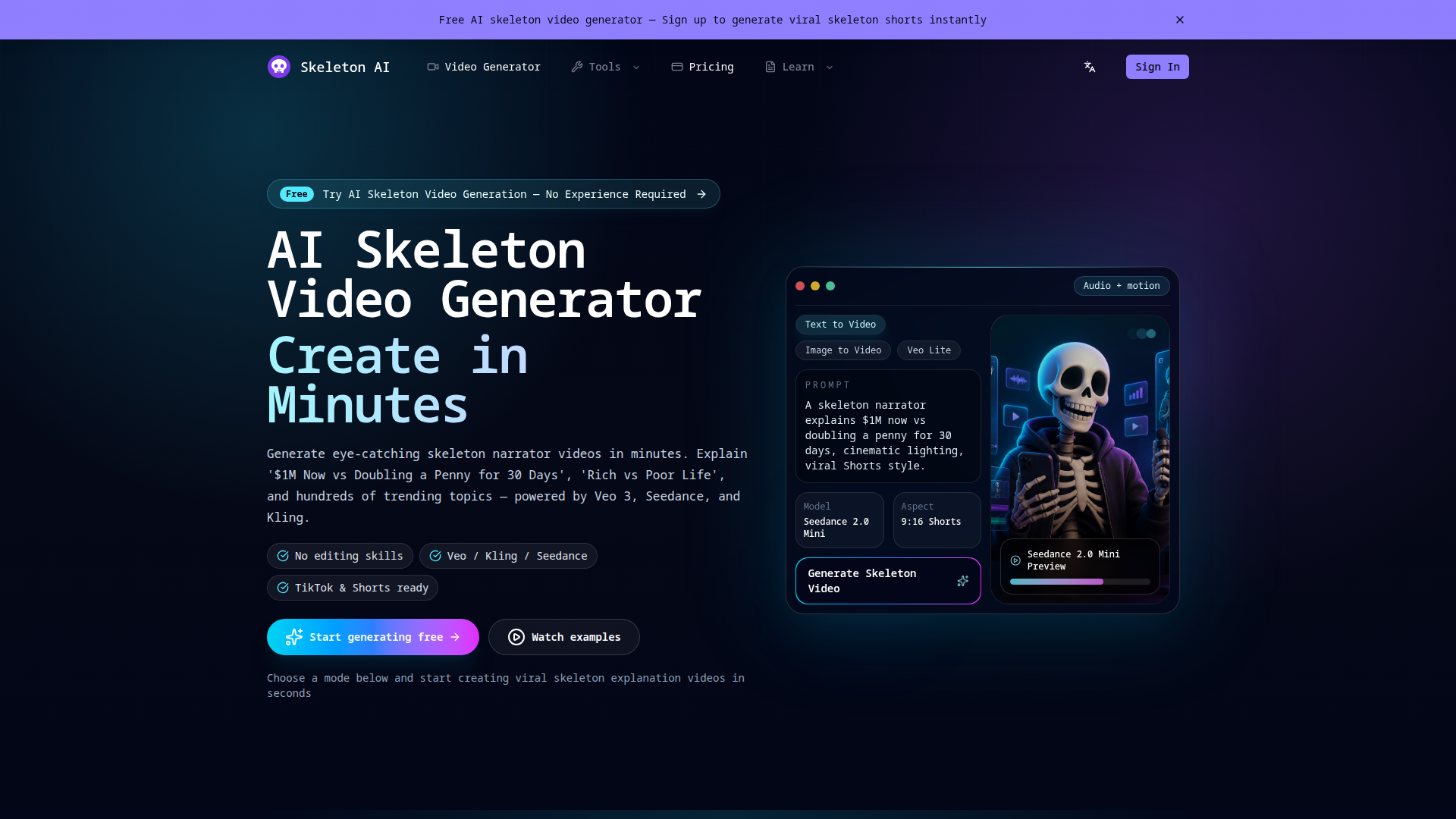Generador de videos de esqueletos con IA — Crea videos virales de esqueletos narradores | Skeleton AI