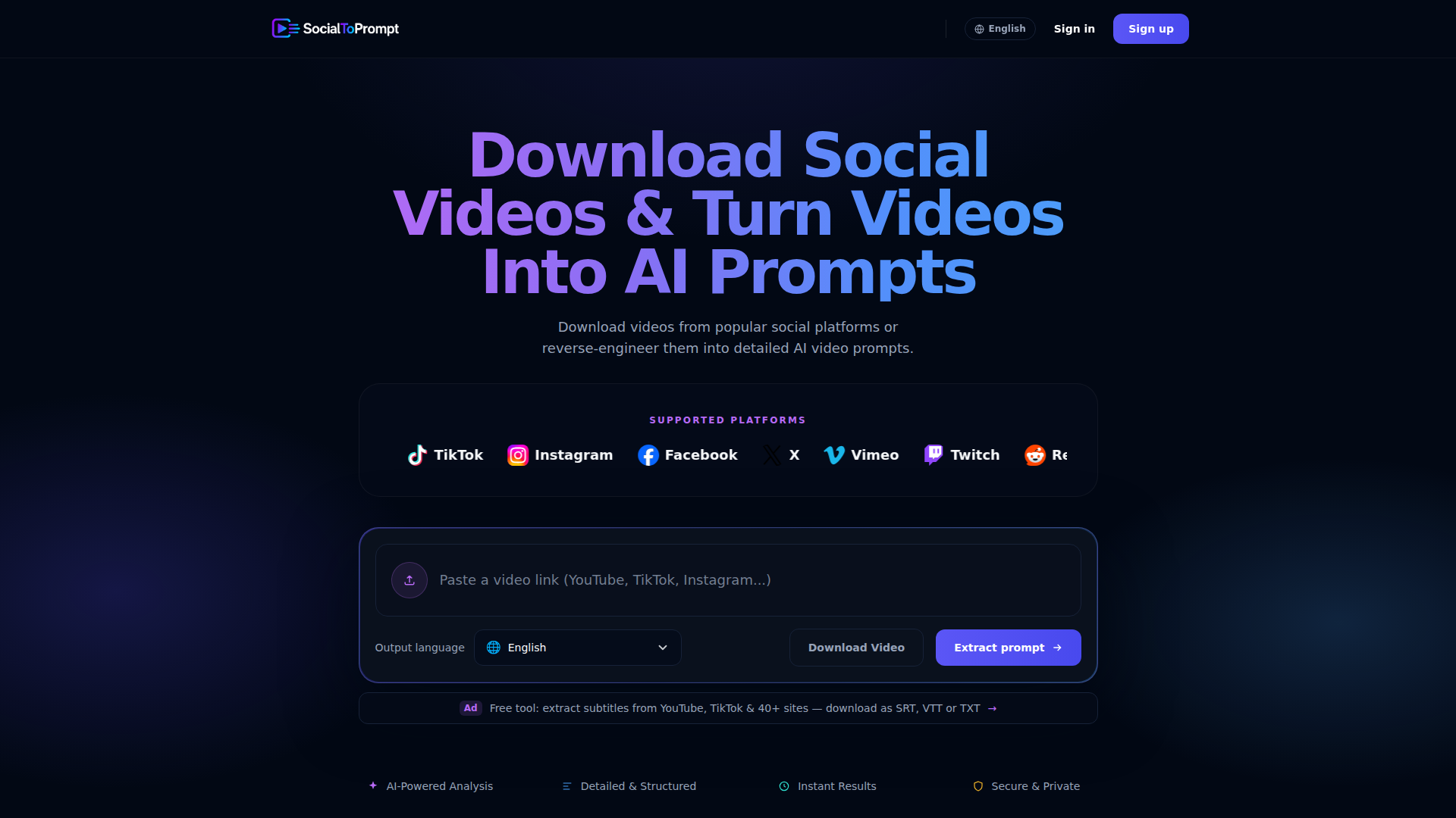 Descargador de videos de redes sociales e IA de video a prompt - SocialToPrompt