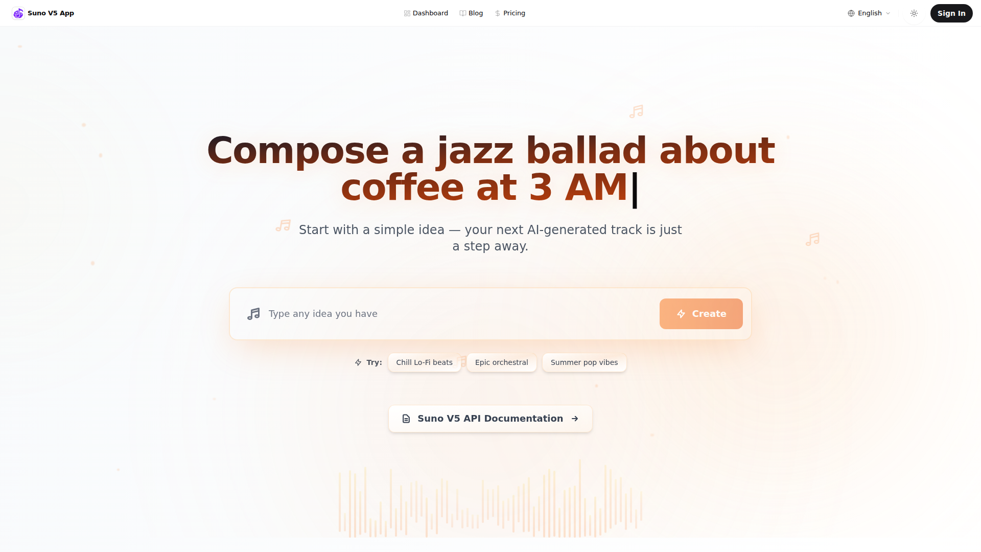 Generador de música Suno V5: Prueba gratuita y API de Suno V5, documentación de la API | App Suno V5