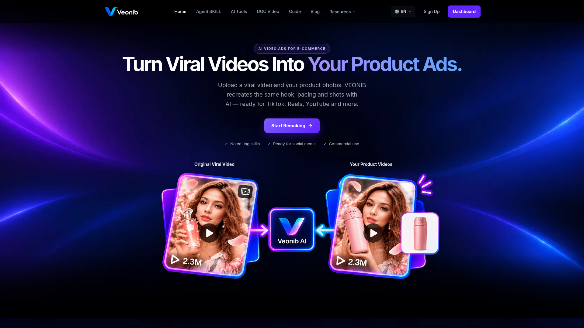 VEONIB - Generador de anuncios de video con IA | Convierte videos virales en anuncios de productos