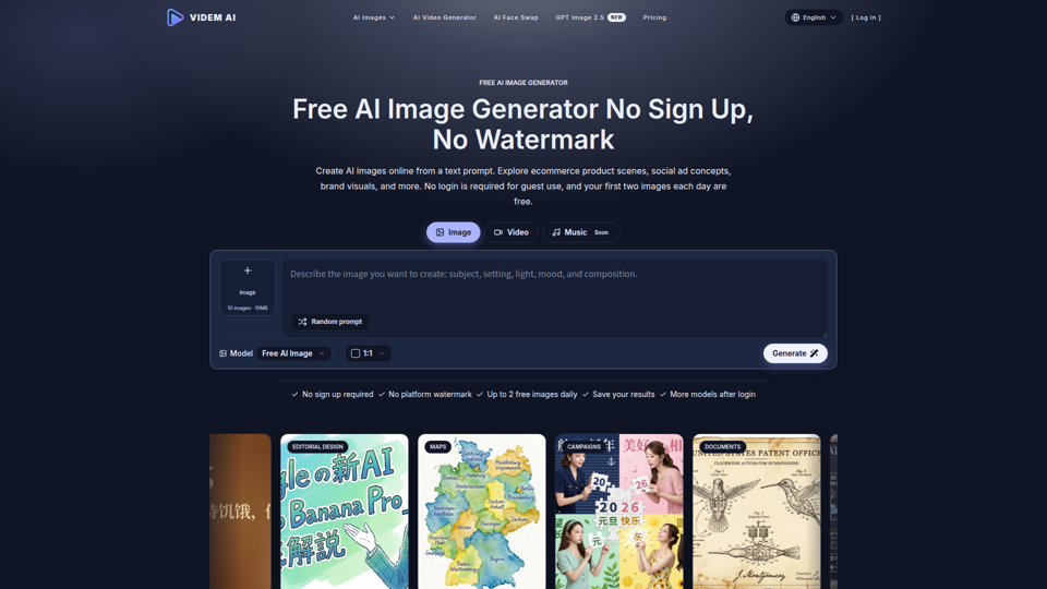 Free AI Image Generator, No Sign Up or Watermark | Videm Ai