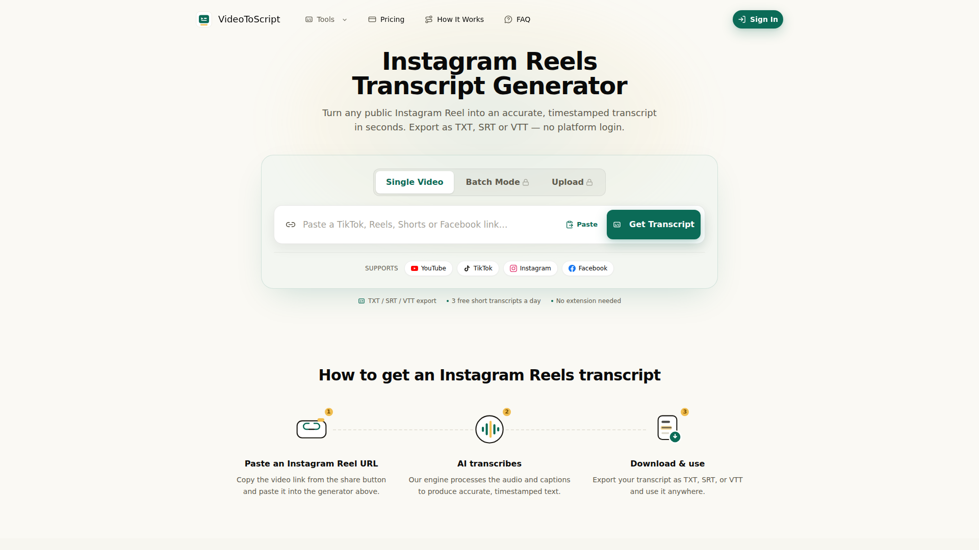 Transcripción de Instagram Reels — Generador gratuito | VideoToScript