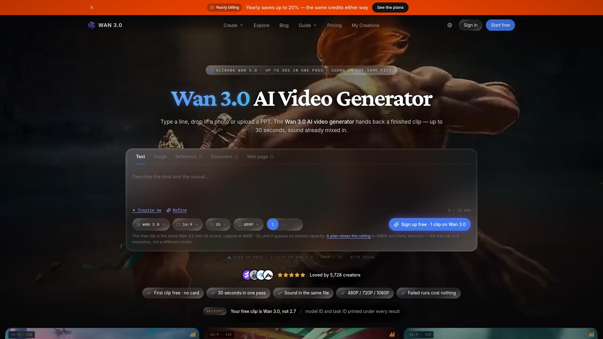 Generador de video con IA Wan 3.0 — Clip gratis en el modelo real