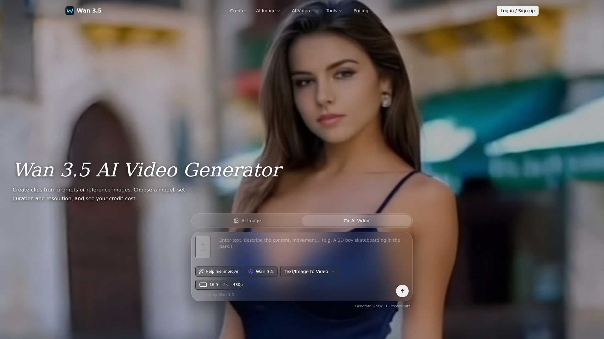 Generador de video con IA Wan 3.5 | Crea clips a partir de texto/imagen
