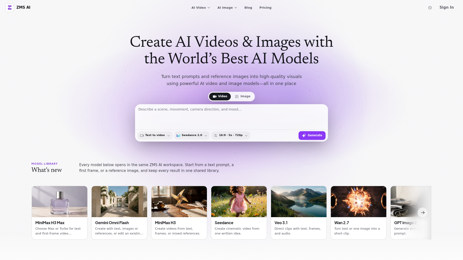ZMS AI – Generador de video e imagen por IA con los mejores modelos de IA