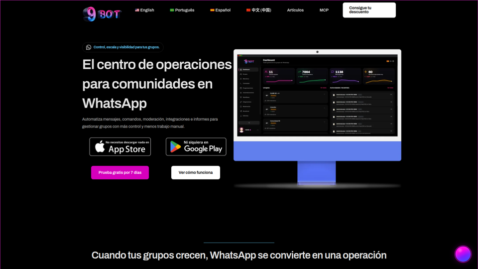 9bot | Automatiza grupos e integraciones en WhatsApp