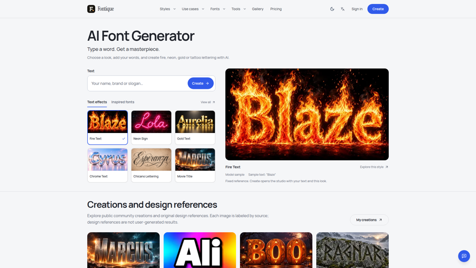 AI Font Generator: Fire, Neon & Tattoo Text Effects | Fontique