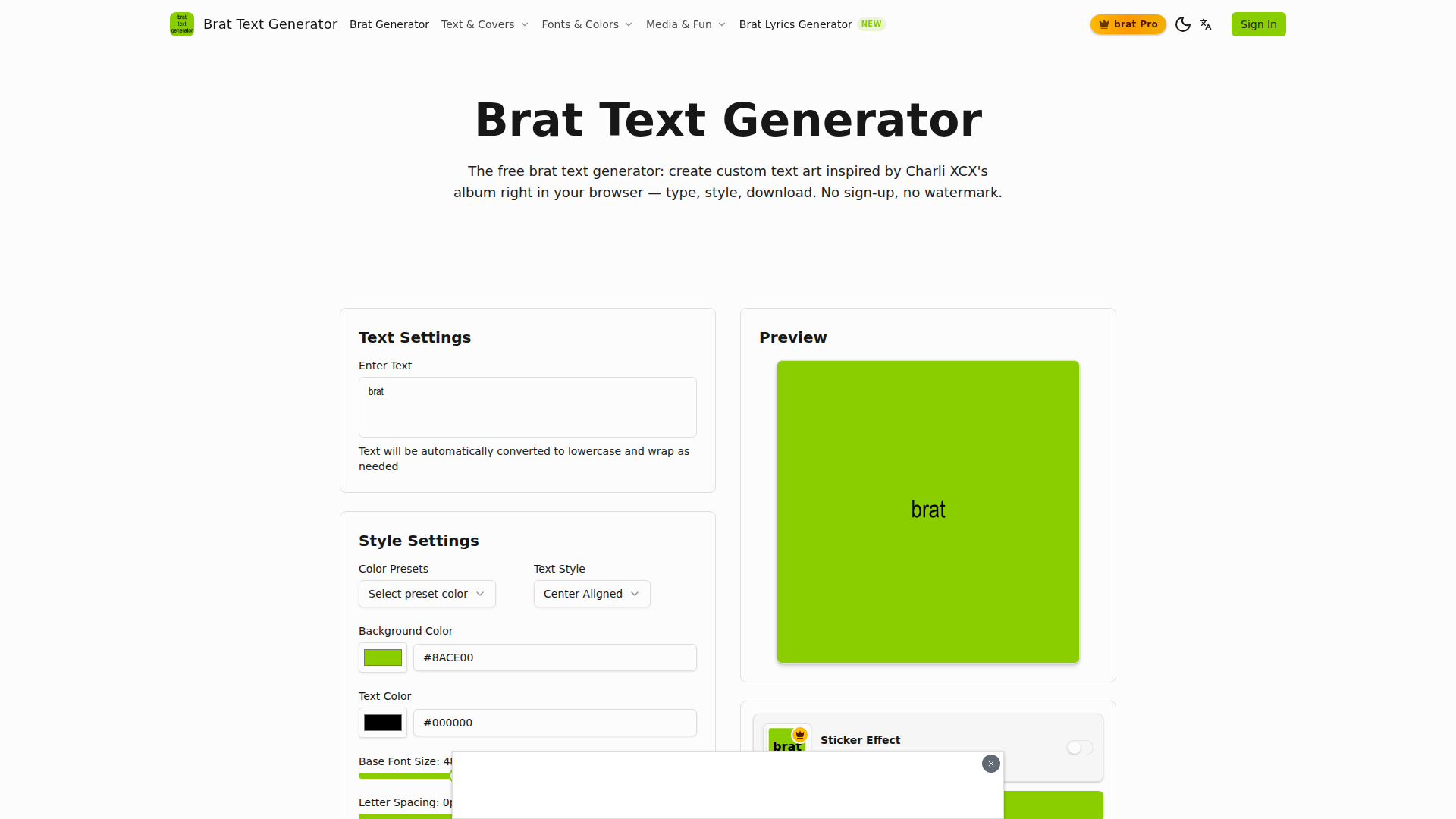 Brat Text Generator — Free Brat Text & Cover Maker