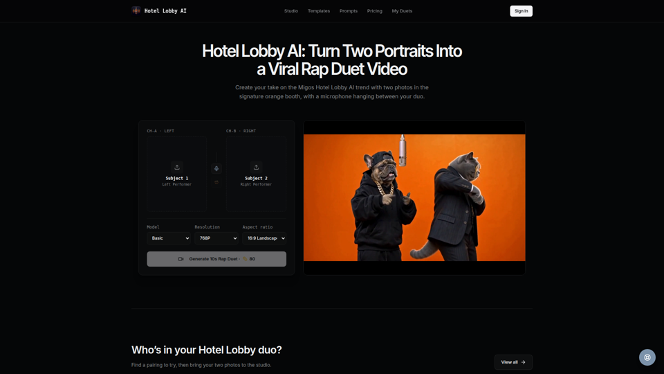 Hotel Lobby AI — Two-Photo Rap Duet Video Generator