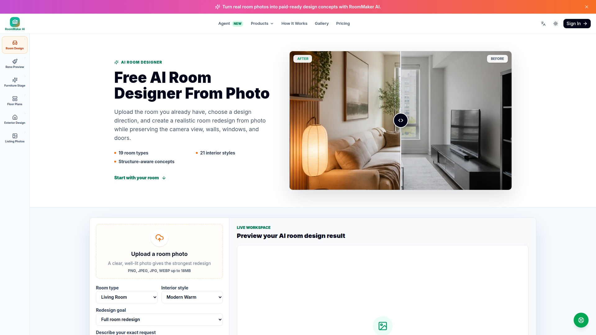 Diseñador de Habitaciones con IA Gratis Desde Foto | RoomMaker AI