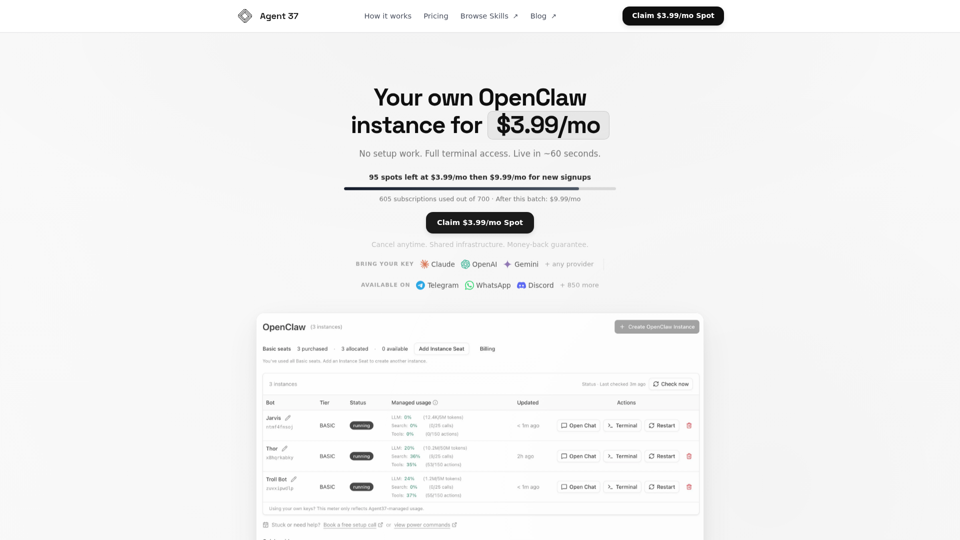 Agent37 — Managed OpenClaw Hosting & Skill Monetization
