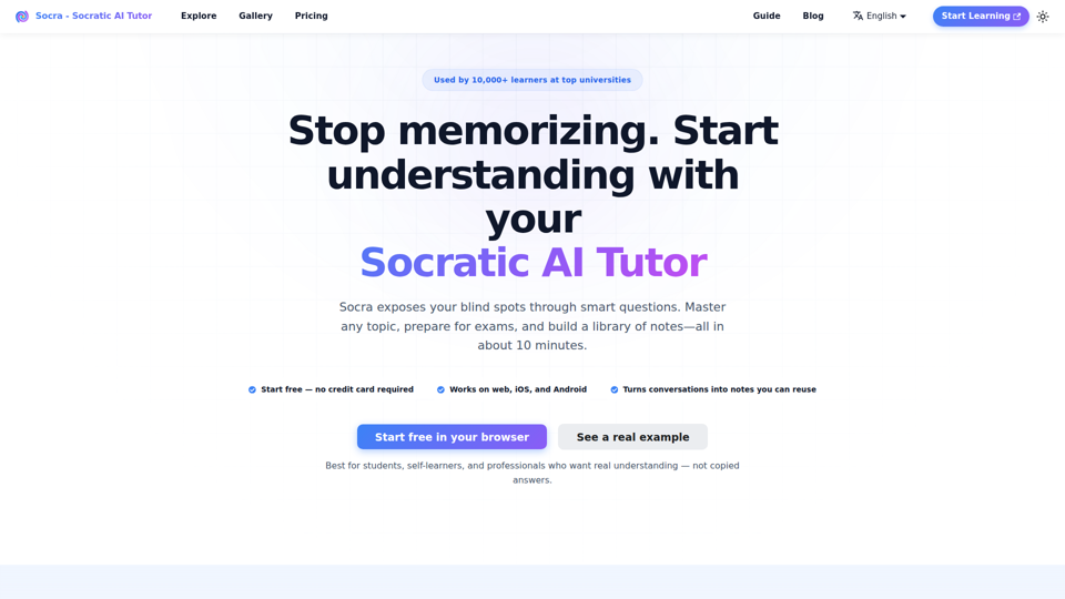 Socra - Socratic AI Tutor & Learning Platform | Socra - AI Learning Platform | Socratic Dialogue & Adaptive Tutoring