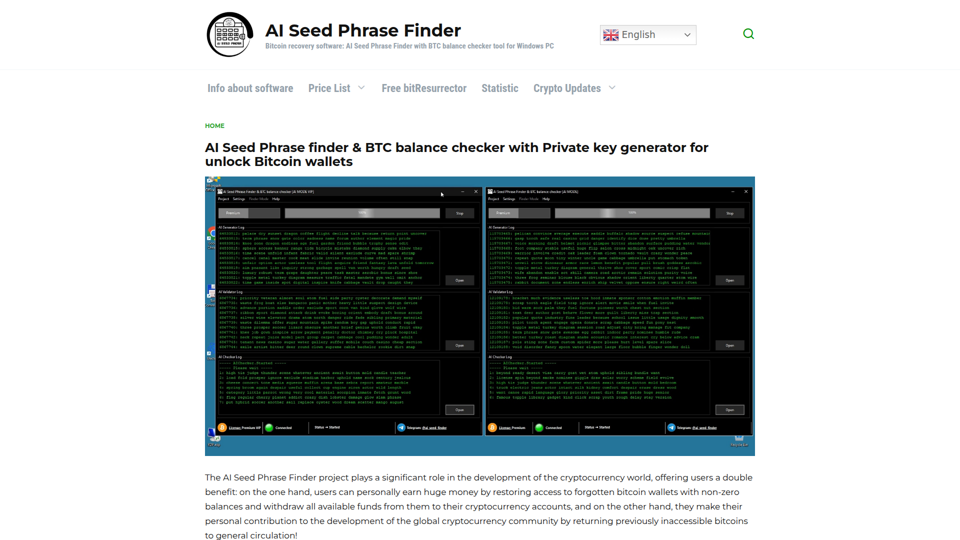AI Seed phrase and Private Key Finder software for recovery access to any Bitcoin wallet