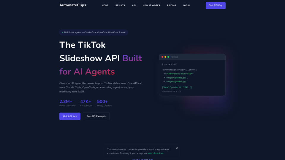 AutomateClips - AIエージェント向けに構築されたTikTokスライドショーAPI