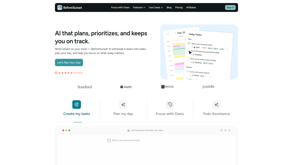 BeforeSunset AI | Planificador impulsado por IA para objetivos y tareas