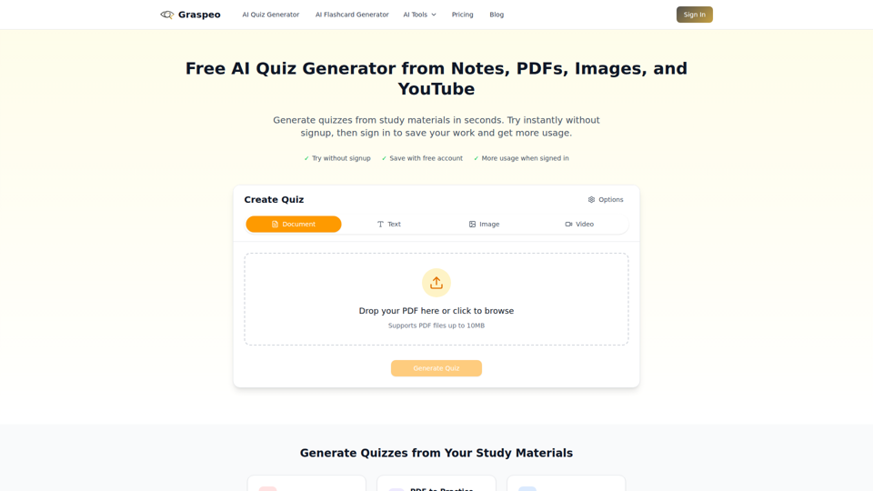 AI Quiz Generator (Free, No Signup) | PDF, Text & Images | Graspeo