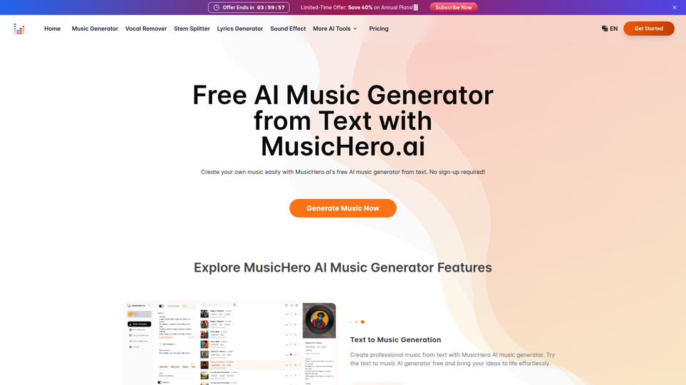 Genera música con IA gratis en línea con el generador de música con IA de MusicHero.ai