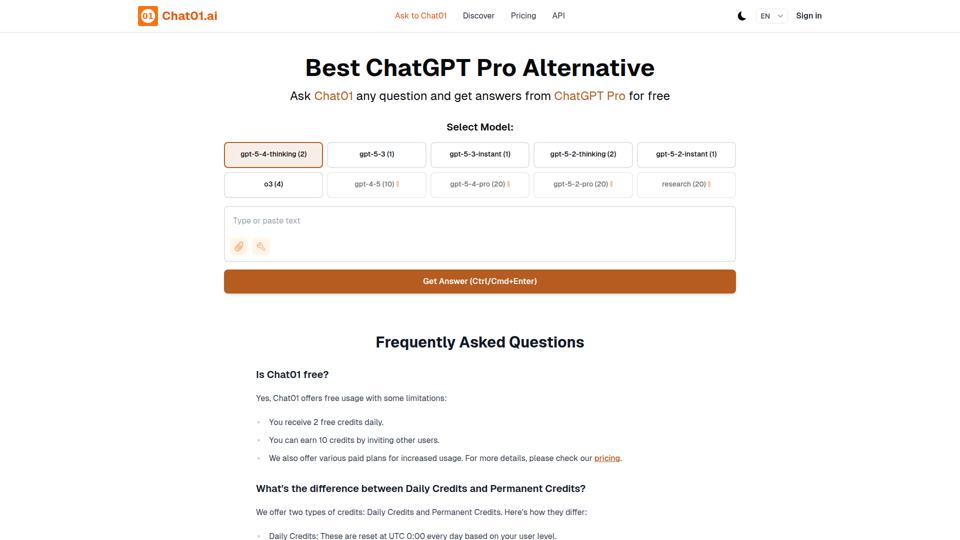Chat01.ai（旧 OpenAI01.net）：スロットリングなしで使い放題の OpenAI GPT-5.2 Pro - 最良の ChatGPT Pro 代替サービス