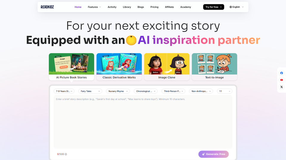Readkidz | AI 驱动的儿童电子绘本与故事创作 | 视频 睡前故事 儿歌