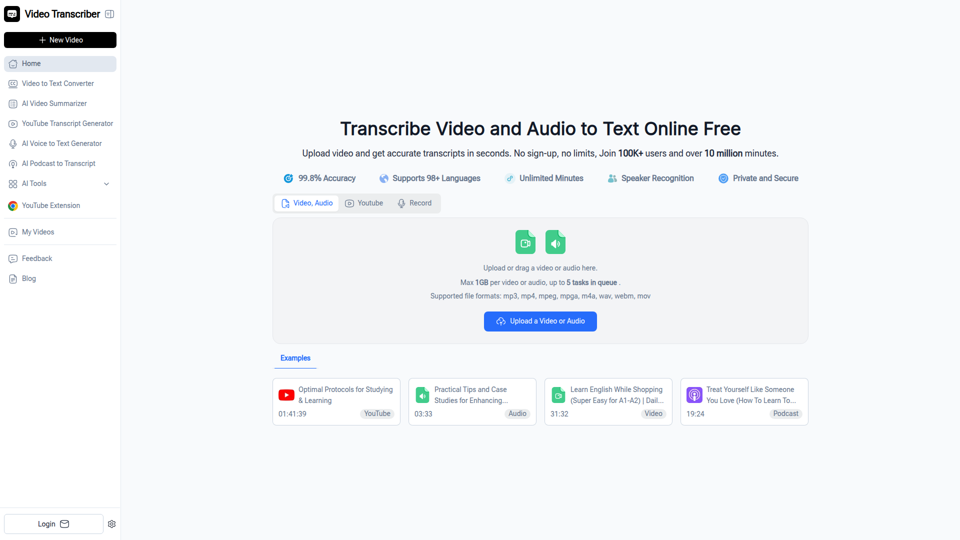 Video Transcriber AI: Transcribe Video and Audio to Text Online Free, Unlimited & No Sign-up