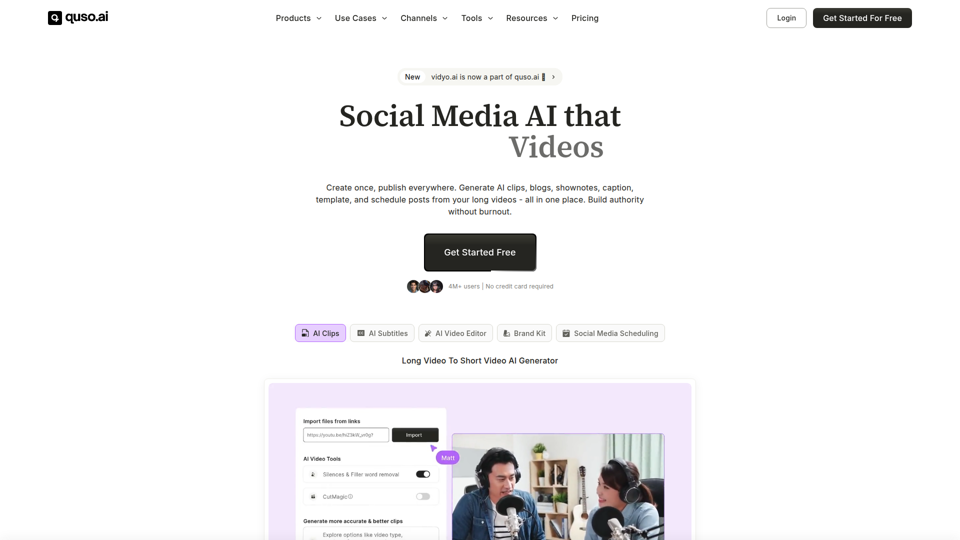 quso.ai：長尺動画を短尺動画にするAI＆ソーシャルメディア予約投稿（旧 vidyo.ai）