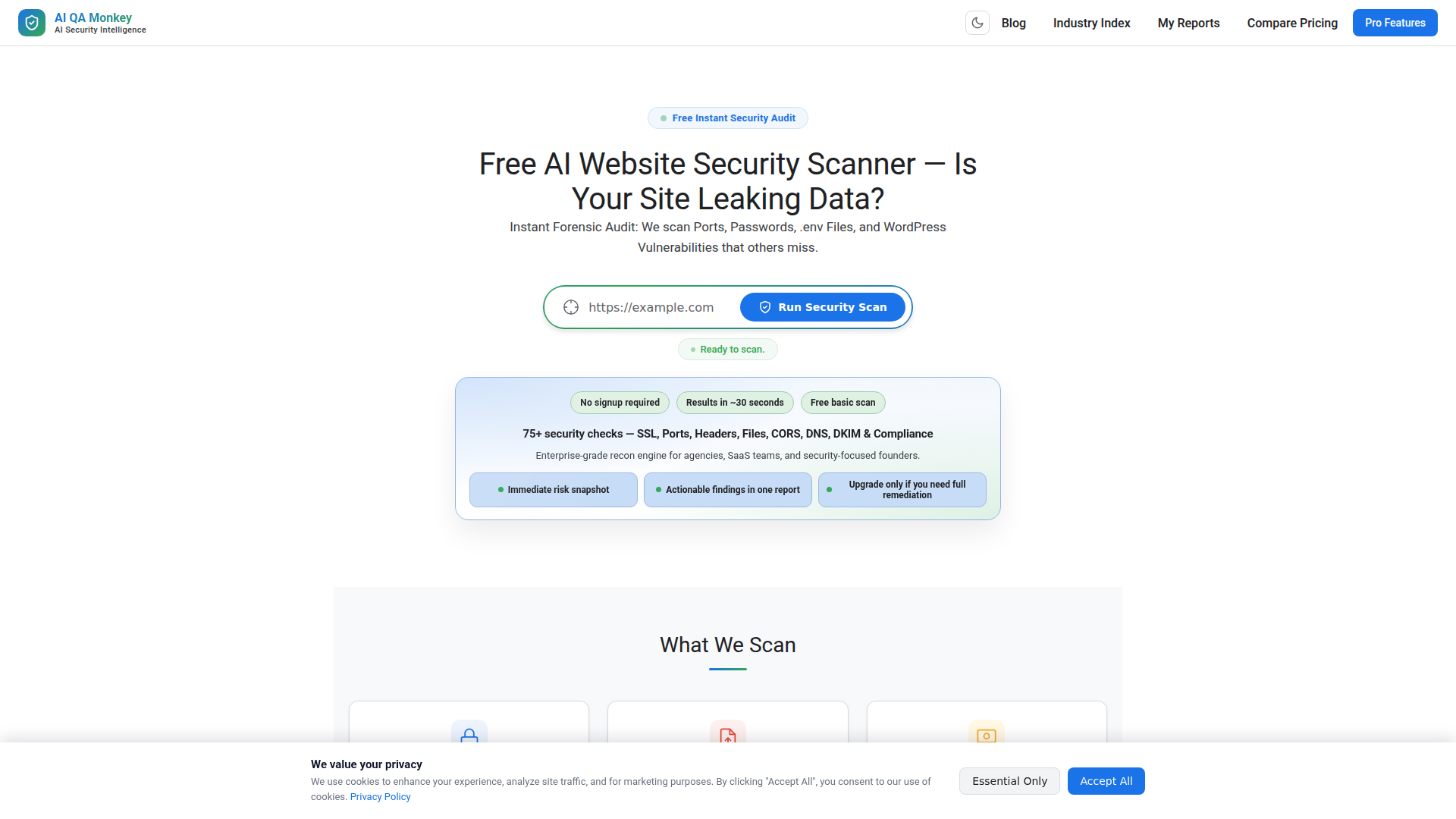 Scanner de sécurité de site web (gratuit) | Plus de 75 vérifications en 60 secondes | AI QA Monkey