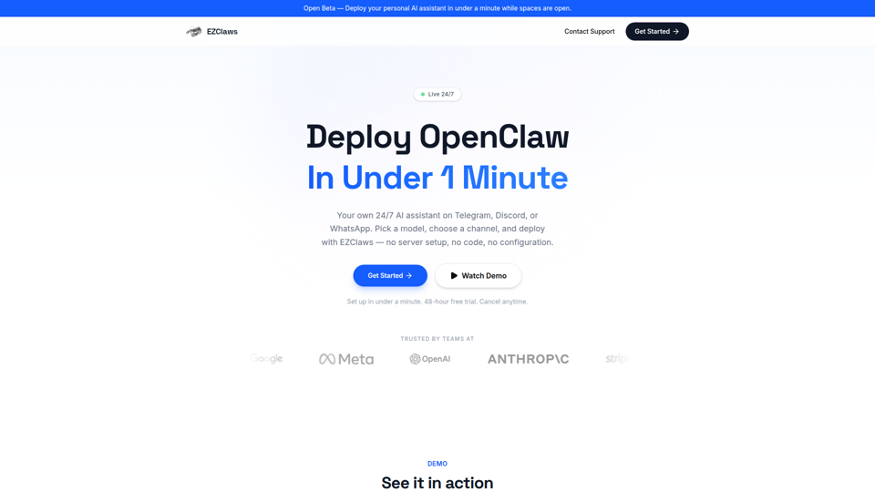 EZClaws — OpenClaw-Hosting in 60 Sekunden | KI-Agenten bereitstellen