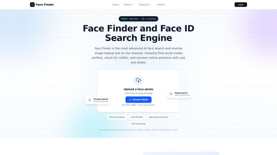 Face Finder - #1 Motor de búsqueda inversa de rostros | Encuentra a cualquier persona por foto