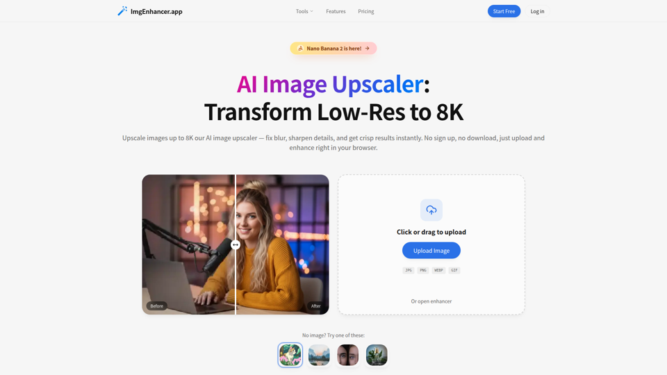 Free AI Image Upscaler Online — No Sign Up | ImgEnhancer