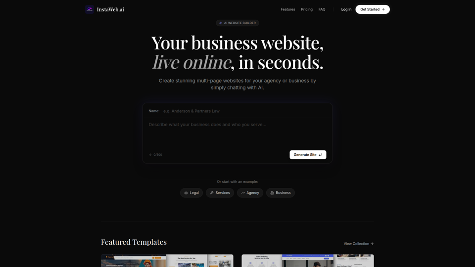 InstaWebAI - AIによるプロフェッショナルな複数ページ対応ウェブサイト