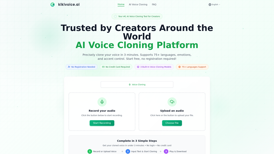 免费在线 AI 语音克隆，支持 75+ 种语言，无需注册 - KikiVoice
