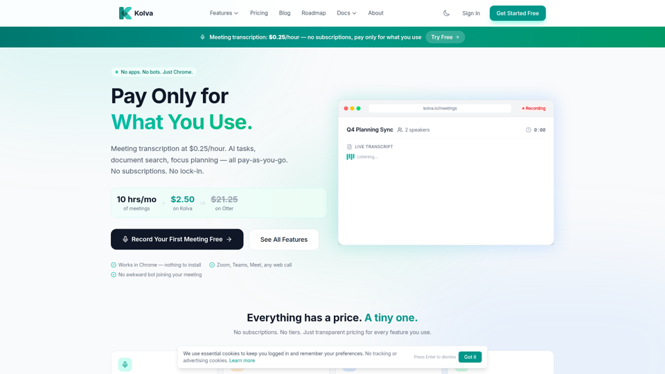 Kolva - Pay Only for What You Use | Meetings, Tasks & Docs