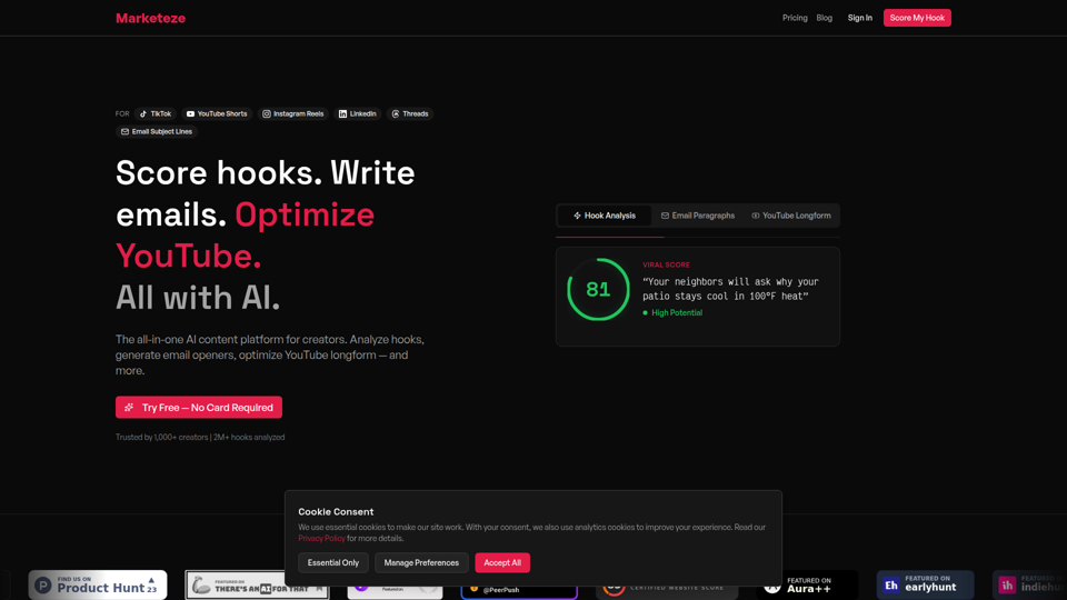 AI Content Tools for Creators | Hook Scorer, Email Writer, YouTube Analyzer | Marketeze | Marketeze