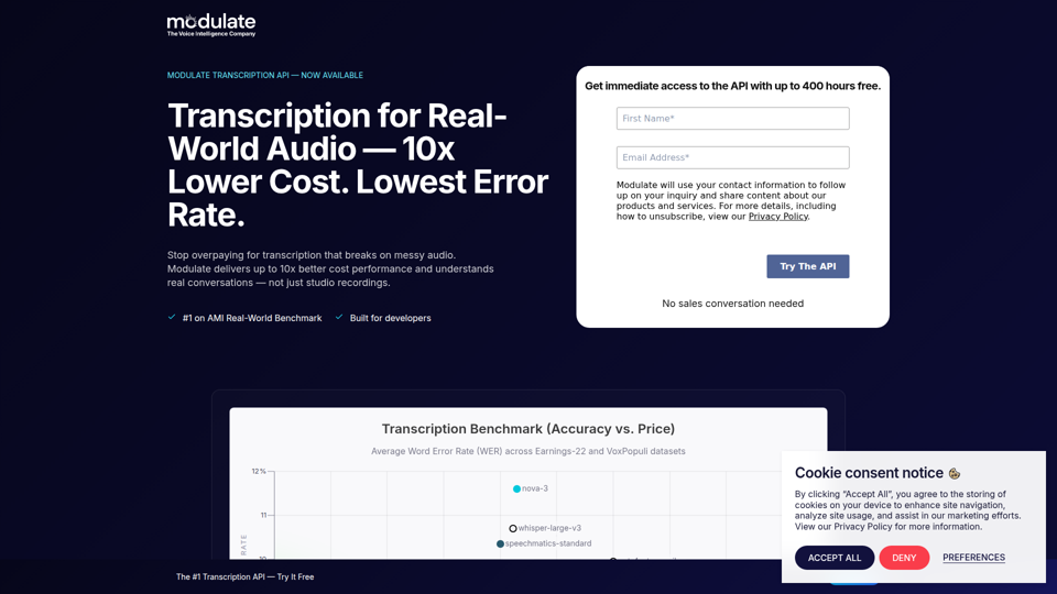 API de transcripción — n.º 1 en precisión, costo más bajo | Modulate