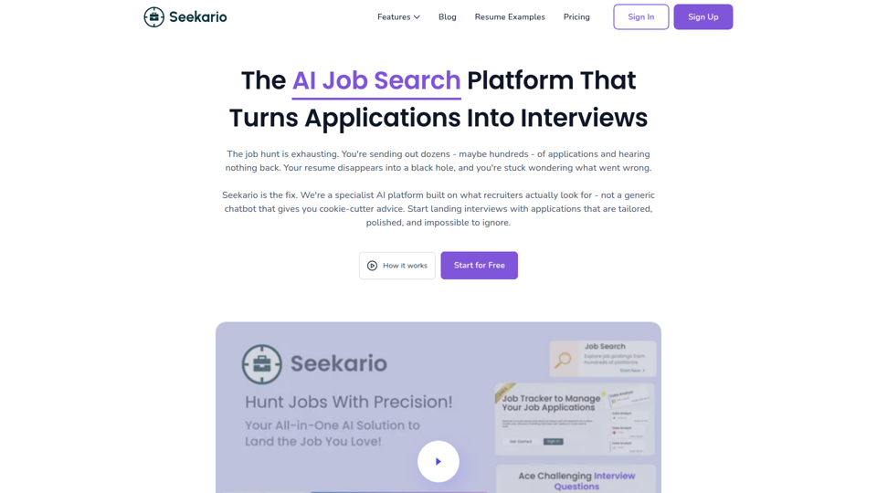 Plataforma de búsqueda de empleo con IA — Creador de currículums, personalización y preparación para entrevistas | Seekario