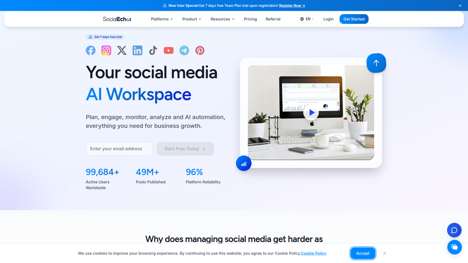 SocialEcho - Espacio de trabajo integral de IA para redes sociales para empresas globales
