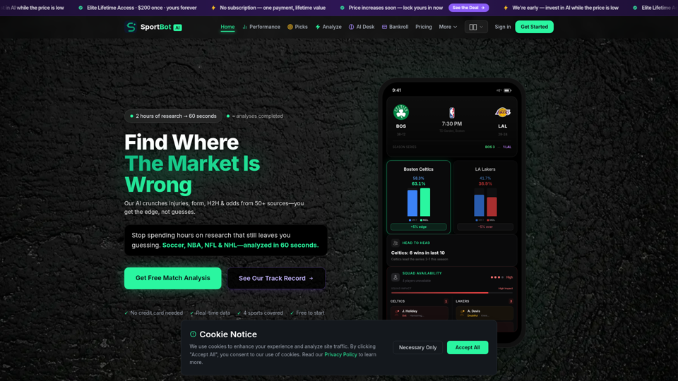 SportBot AI — 検証済みROI付きの無料AIスポーツ予想（2026年）