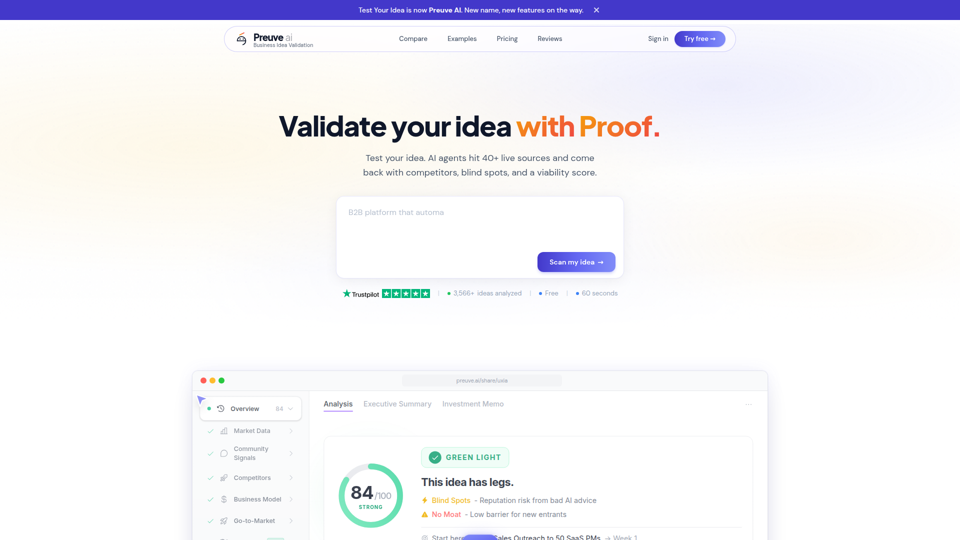 Preuve AI - Validieren Sie Ihre Startup-Idee in 60 Sekunden mit Beweisen