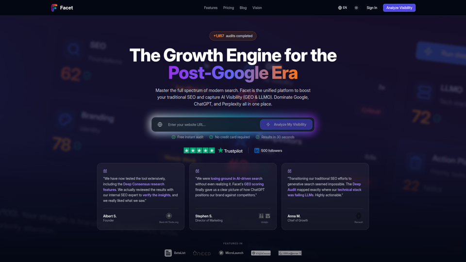 Facet - El motor de crecimiento para AEO y GEO | SEO post-Google