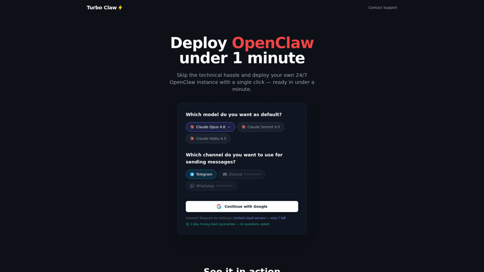 TurboClaw | OpenClaw in unter 1 Minute bereitstellen