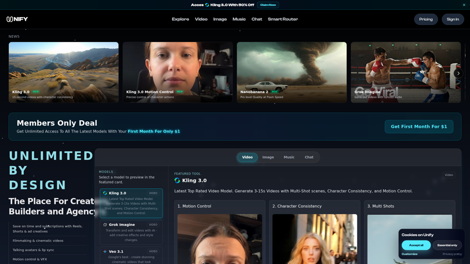 Unify | Plateforme d’IA pour la vidéo, l’image, la musique et le chat