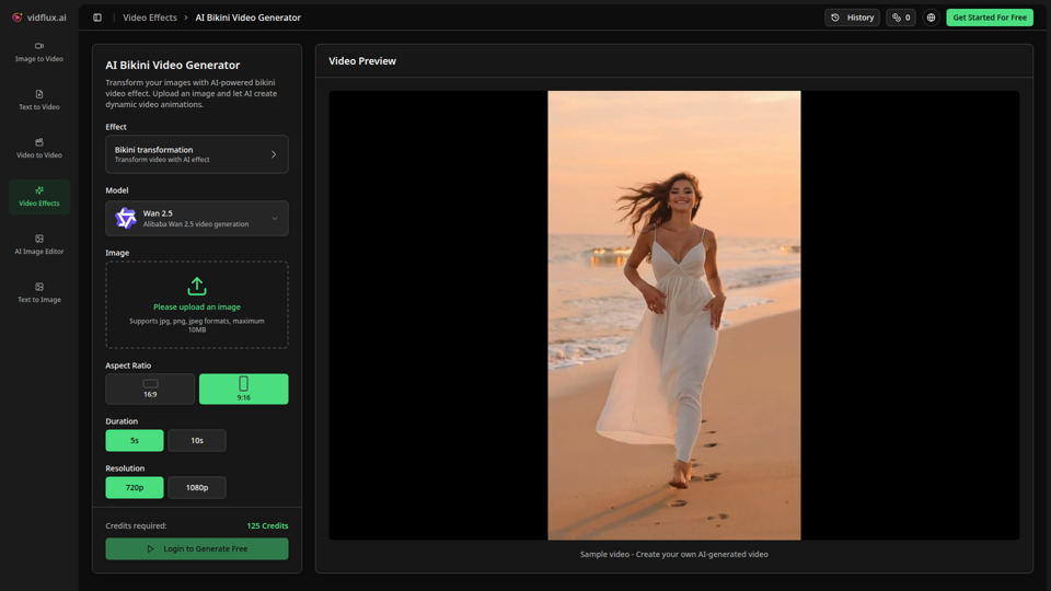 Generador de Videos de Bikini con IA - Crea impresionantes videos de trajes de baño | VidFlux